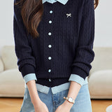 Casual Color-Block Collared Cable Knit Cardigan