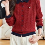 Casual Color-Block Collared Cable Knit Cardigan
