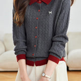Casual Color-Block Collared Cable Knit Cardigan