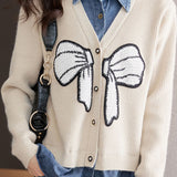 Casual Denim Patchwork Faux Layered Bow Knit Cardigan