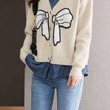 Casual Denim Patchwork Faux Layered Bow Knit Cardigan