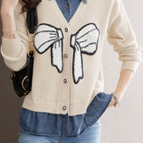Casual Denim Patchwork Faux Layered Bow Knit Cardigan