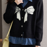 Casual Denim Patchwork Faux Layered Bow Knit Cardigan