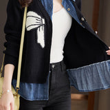 Casual Denim Patchwork Faux Layered Bow Knit Cardigan