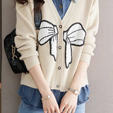 Casual Denim Patchwork Faux Layered Bow Knit Cardigan