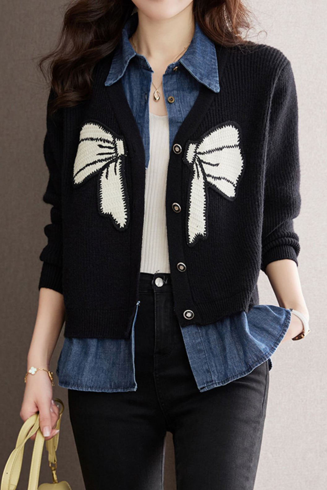 Casual Denim Patchwork Faux Layered Bow Knit Cardigan - liwisi