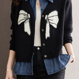 Casual Denim Patchwork Faux Layered Bow Knit Cardigan