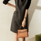 Shiny Beaded V-Neck Wool Blend Vest Dress
