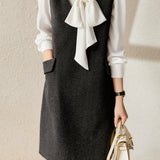 Shiny Beaded V-Neck Wool Blend Vest Dress