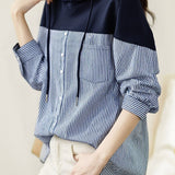 Casual Loose Color-Block Striped Hooded Shirt