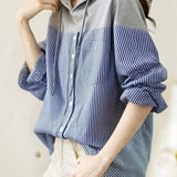 Casual Loose Color-Block Striped Hooded Shirt