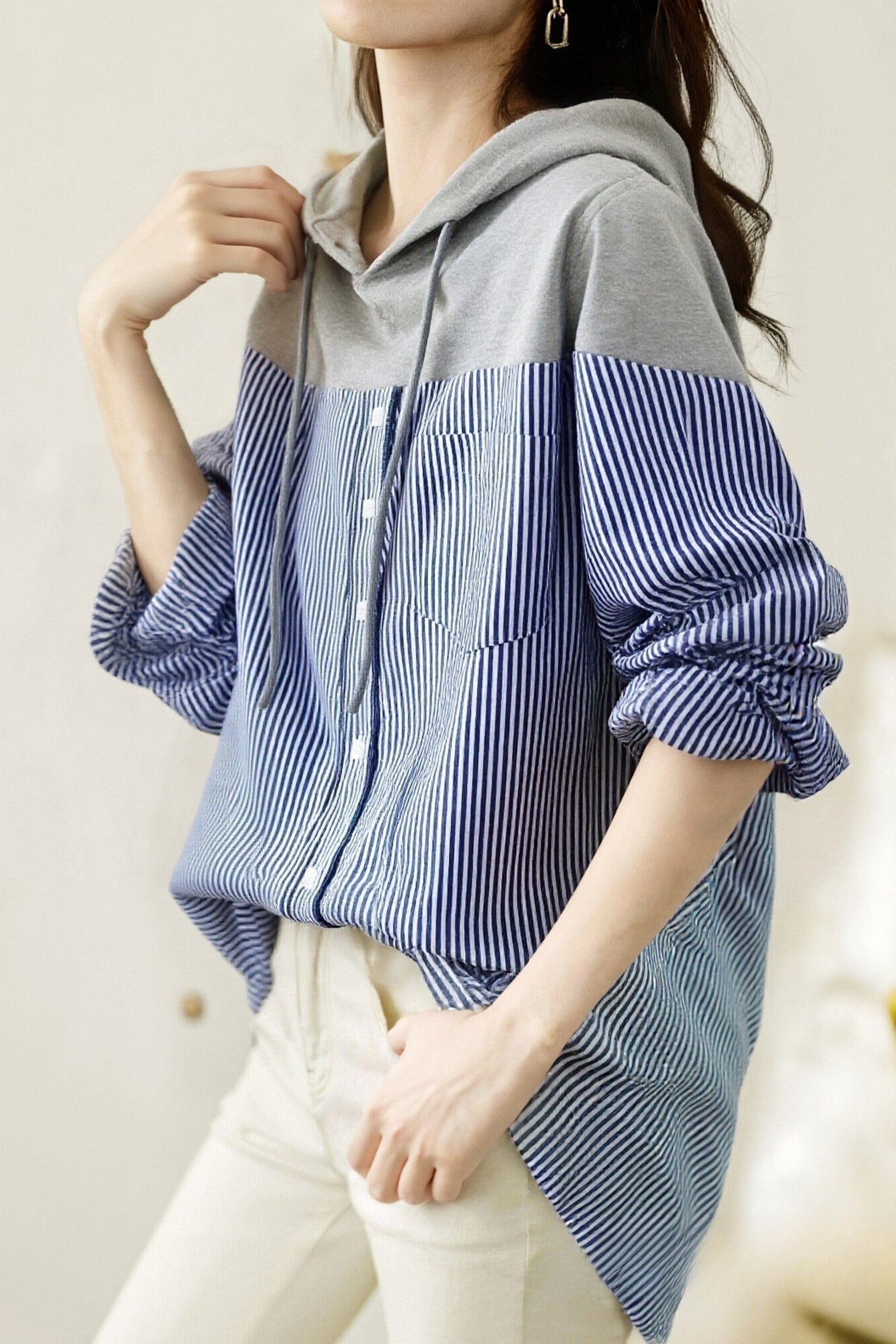 Casual Loose Color-Block Striped Hooded Shirt - liwisi