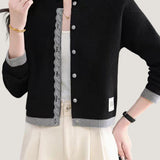 Casual Lace Trim Button Patchwork Knit Cardigan