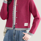 Casual Lace Trim Button Patchwork Knit Cardigan