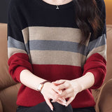 Casual Round Neck Color-Block Striped Long Sleeve Sweater