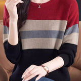 Casual Round Neck Color-Block Striped Long Sleeve Sweater