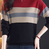 Casual Round Neck Color-Block Striped Long Sleeve Sweater