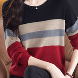 Casual Round Neck Color-Block Striped Long Sleeve Sweater