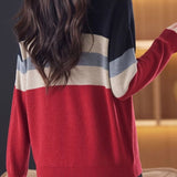 Casual Round Neck Color-Block Striped Long Sleeve Sweater