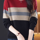 Casual Round Neck Color-Block Striped Long Sleeve Sweater