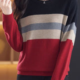 Casual Round Neck Color-Block Striped Long Sleeve Sweater