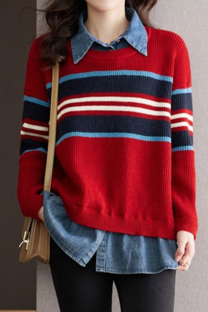 Casual Faux Layered Denim Patchwork Striped Shirt - liwisi