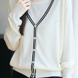 V-Neck Cardigan with Round Neck Knit Faux Layered Sweater