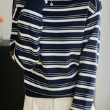 Exquisite Elegant Striped Color-Block Button Knit Top