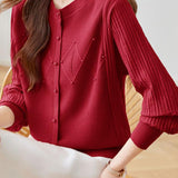 Elegant Round Neck Chiffon and Knit Patchwork Top