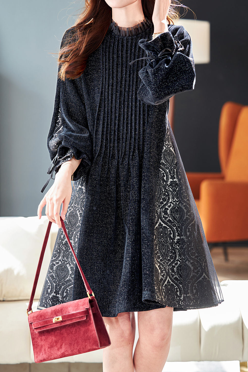 Elegant Pleated Printed Patchwork Lurex A-Line Dress liwisi Elegant Pleated Printed Patchwork Lurex A-Line Dress liwisi