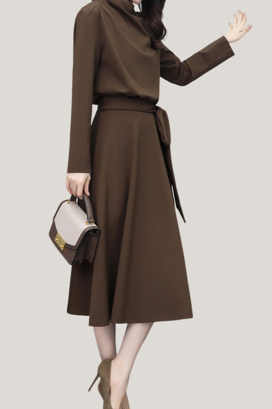 Elegant Mock Neck Waist-Cinched A-Line Knitted Dress liwisi Elegant Mock Neck Waist-Cinched A-Line Knitted Dress liwisi