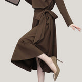 Elegant Mock Neck Waist-Cinched A-Line Knitted Dress