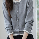 Casual Color-Block Bow Knitted Cardigan