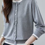 Casual Color-Block Bow Knitted Cardigan
