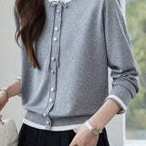 Casual Color-Block Bow Knitted Cardigan