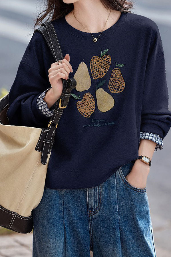 Casual Fruit Print & Plaid Paneled Pullover Hoodie - liwisi