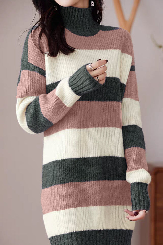 Casual Loose Pullover Color-Block Knitted Dress Casual Loose Pullover Color-Block Knitted Dress
