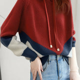 Casual Minimalist Color-Block Hooded Knitted Sweatshirt