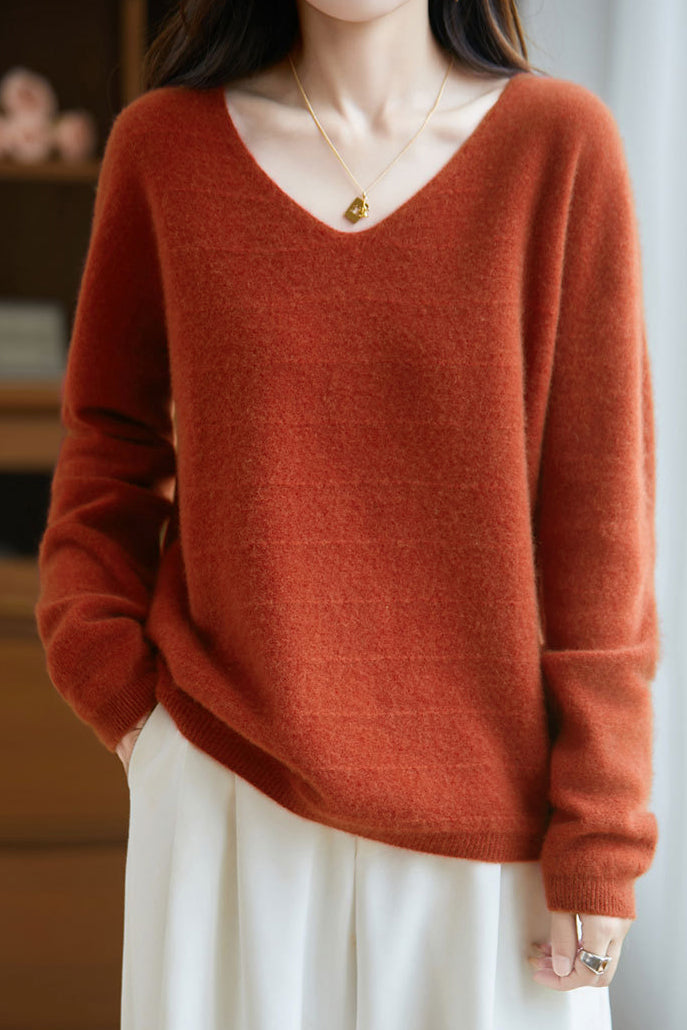 Minimalist V-Neck Long-Sleeve Pullover Knitted Top - liwisi