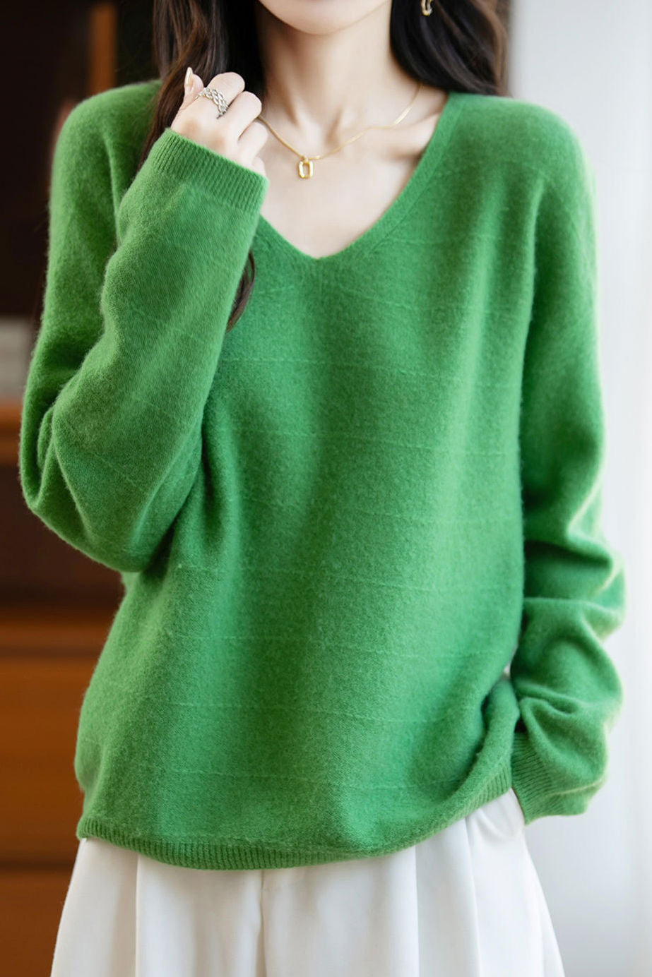 Minimalist V-Neck Long-Sleeve Pullover Knitted Top - liwisi