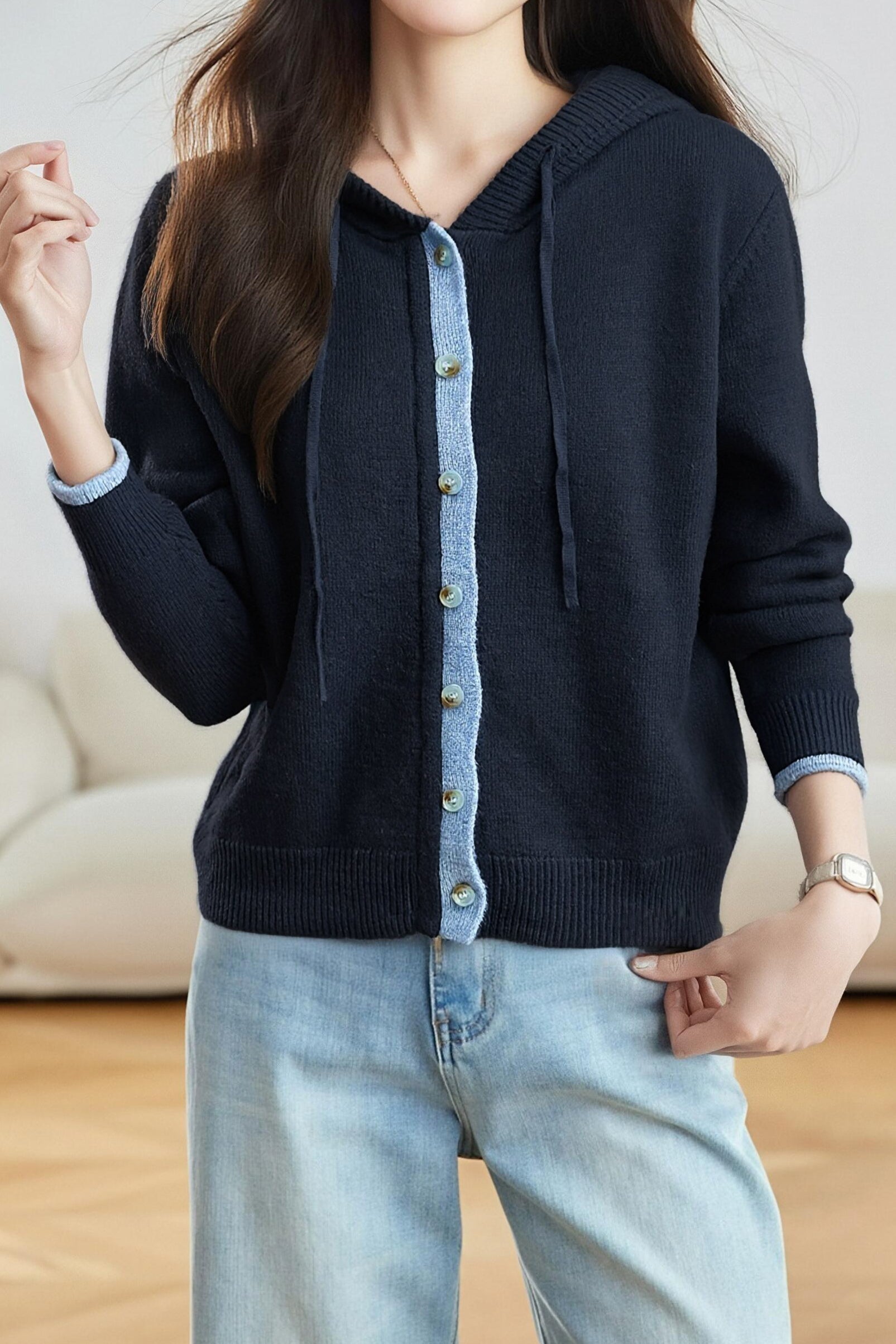 Casual Versatile Color-Block Knitted Hooded Cardigan - liwisi