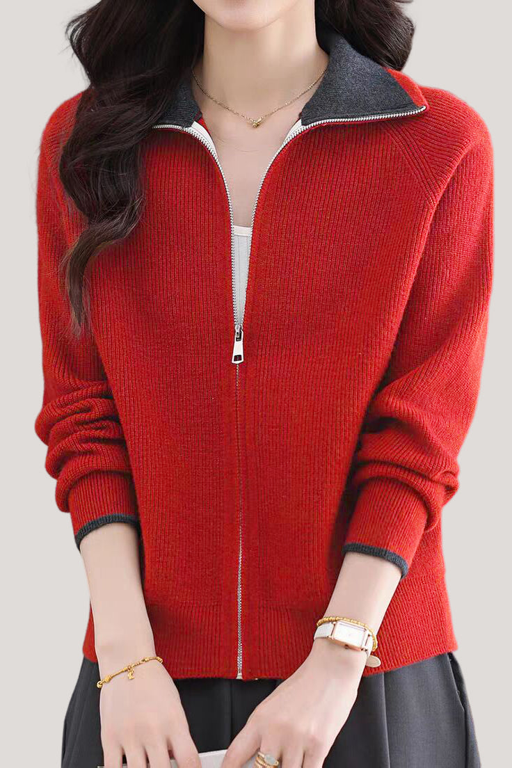 Casual Versatile Lapel Color-Block Knitted Cardigan - liwisi