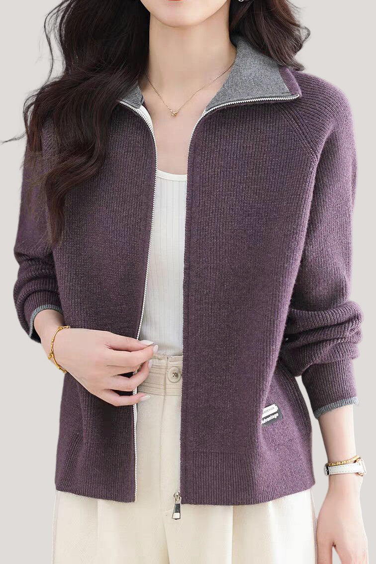 Casual Versatile Lapel Color-Block Knitted Cardigan - liwisi