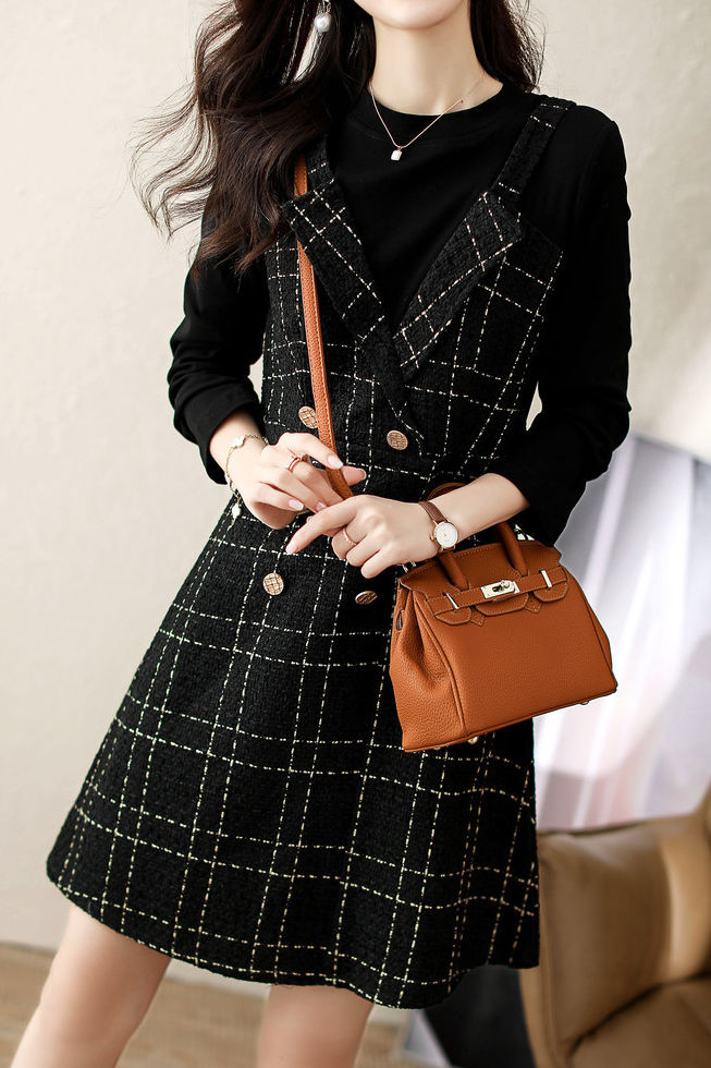 Exquisite Elegant Fake Two-Piece Plaid Long-Sleeve Dress - liwisi