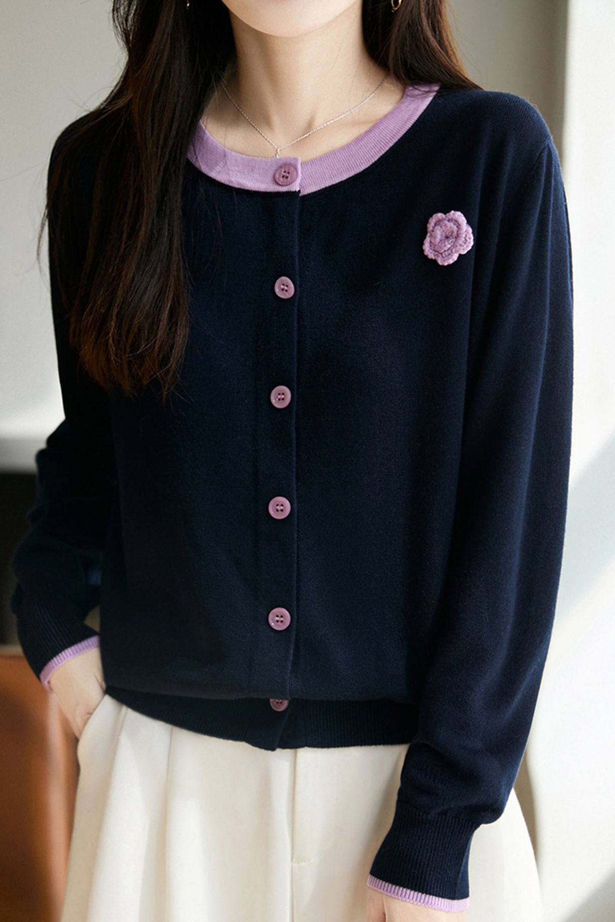 Casual Versatile Color-Block Crew Neck Pullover Knitted Cardigan - liwisi