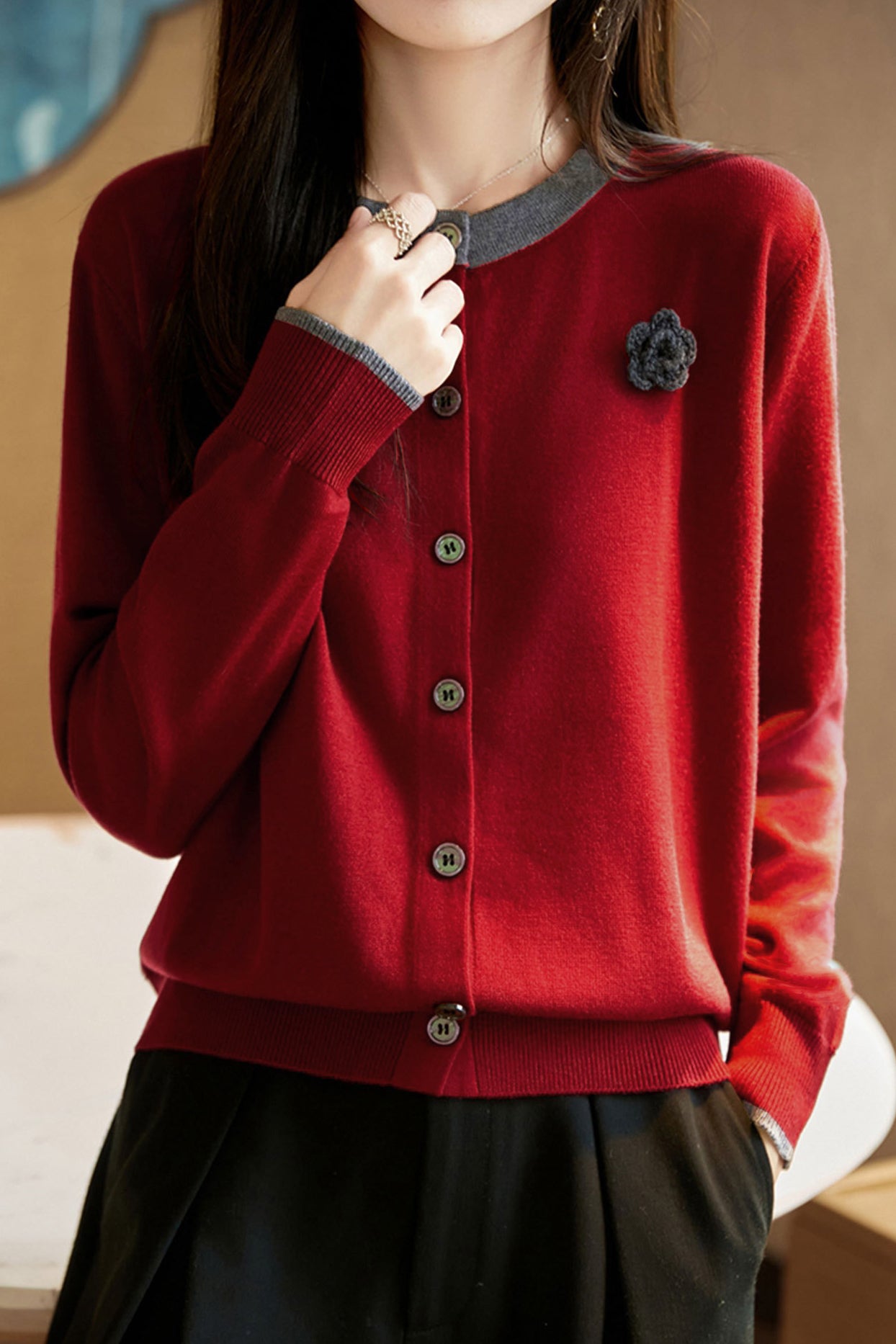 Casual Versatile Color-Block Crew Neck Pullover Knitted Cardigan - liwisi