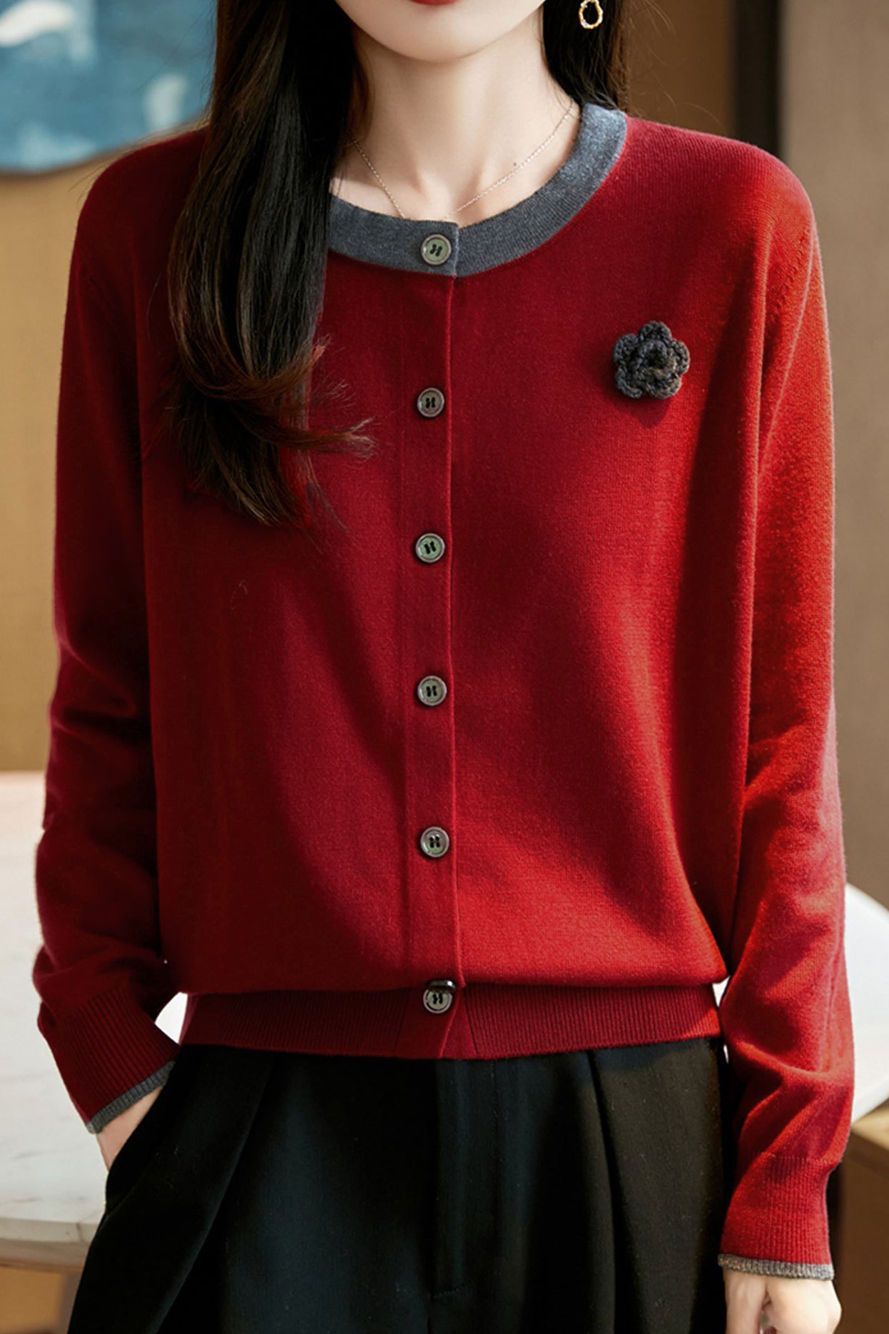 Casual Versatile Color-Block Crew Neck Pullover Knitted Cardigan - liwisi