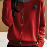 Casual Versatile Color-Block Crew Neck Pullover Knitted Cardigan - liwisi