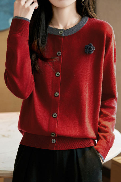 Casual Versatile Color-Block Crew Neck Pullover Knitted Cardigan - liwisi