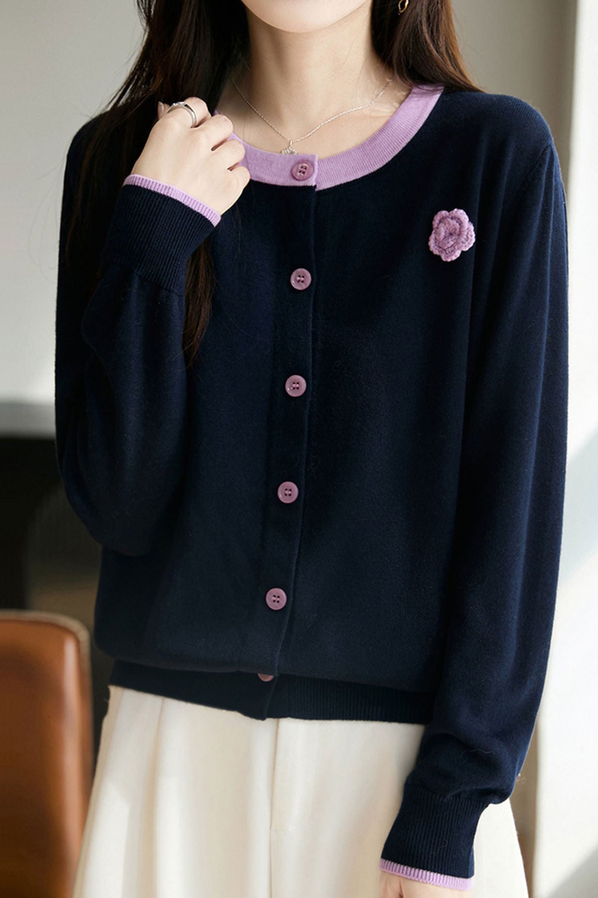 Casual Versatile Color-Block Crew Neck Pullover Knitted Cardigan - liwisi